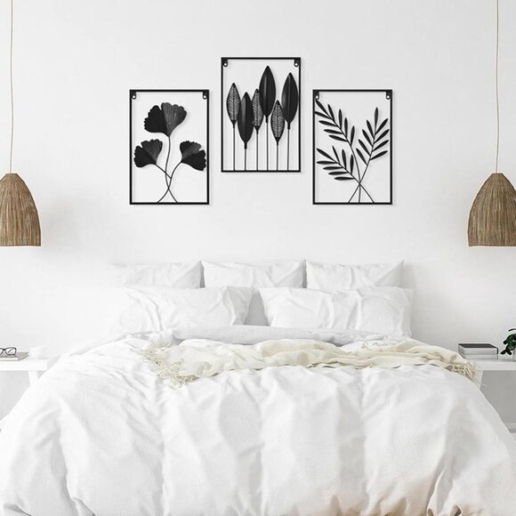 New 3pcs Black Wall Decor Metal Wall Art Modern Minimalist Metal Leaf Wall Decor - Picture 4 of 8